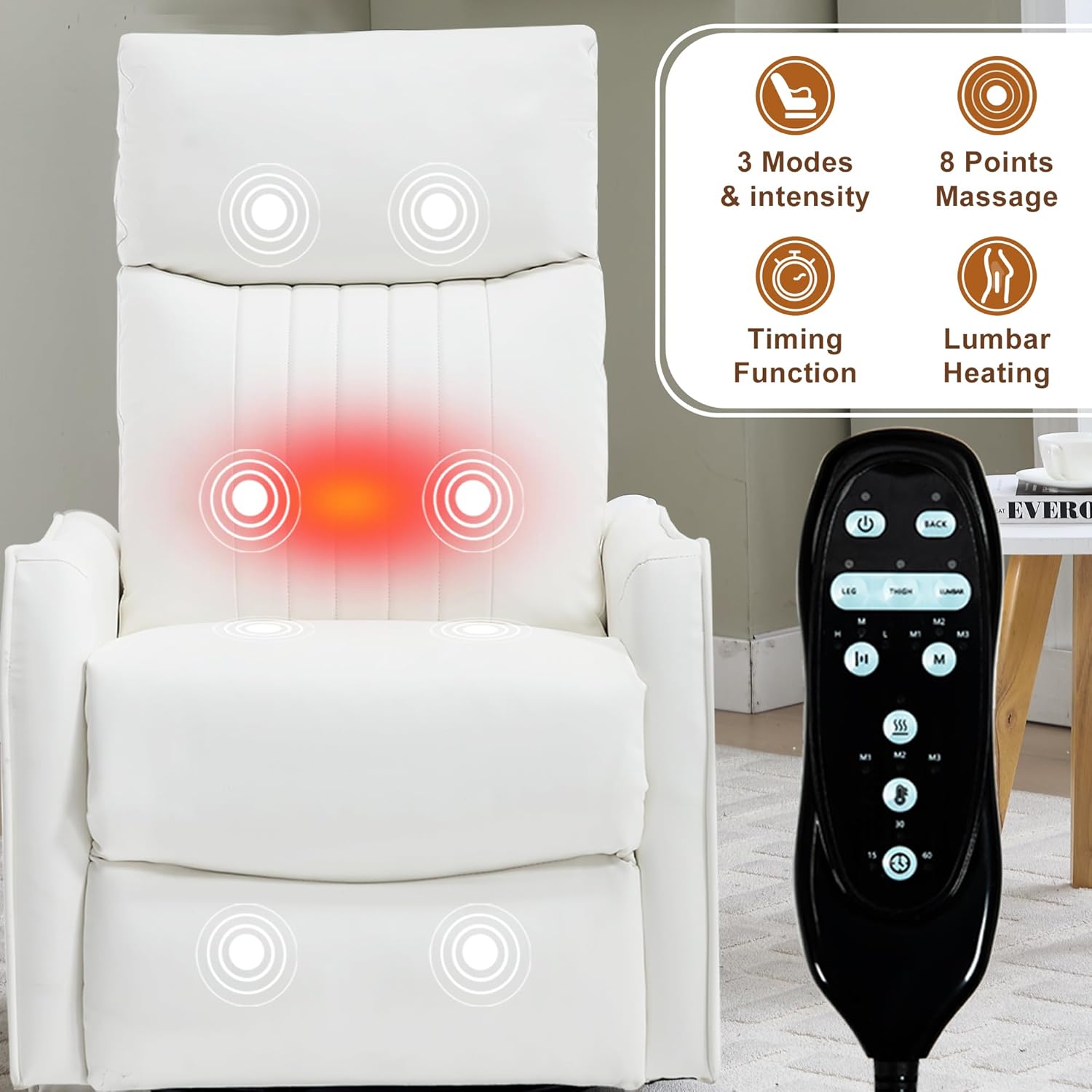 High Back Massage Recliner with Heat - Swivel Rocking Chair for Small Spaces, Manual Lazy Boy Recliner for Adults, Perfect for Living Room & Bedroom, Soft Fabric (White)