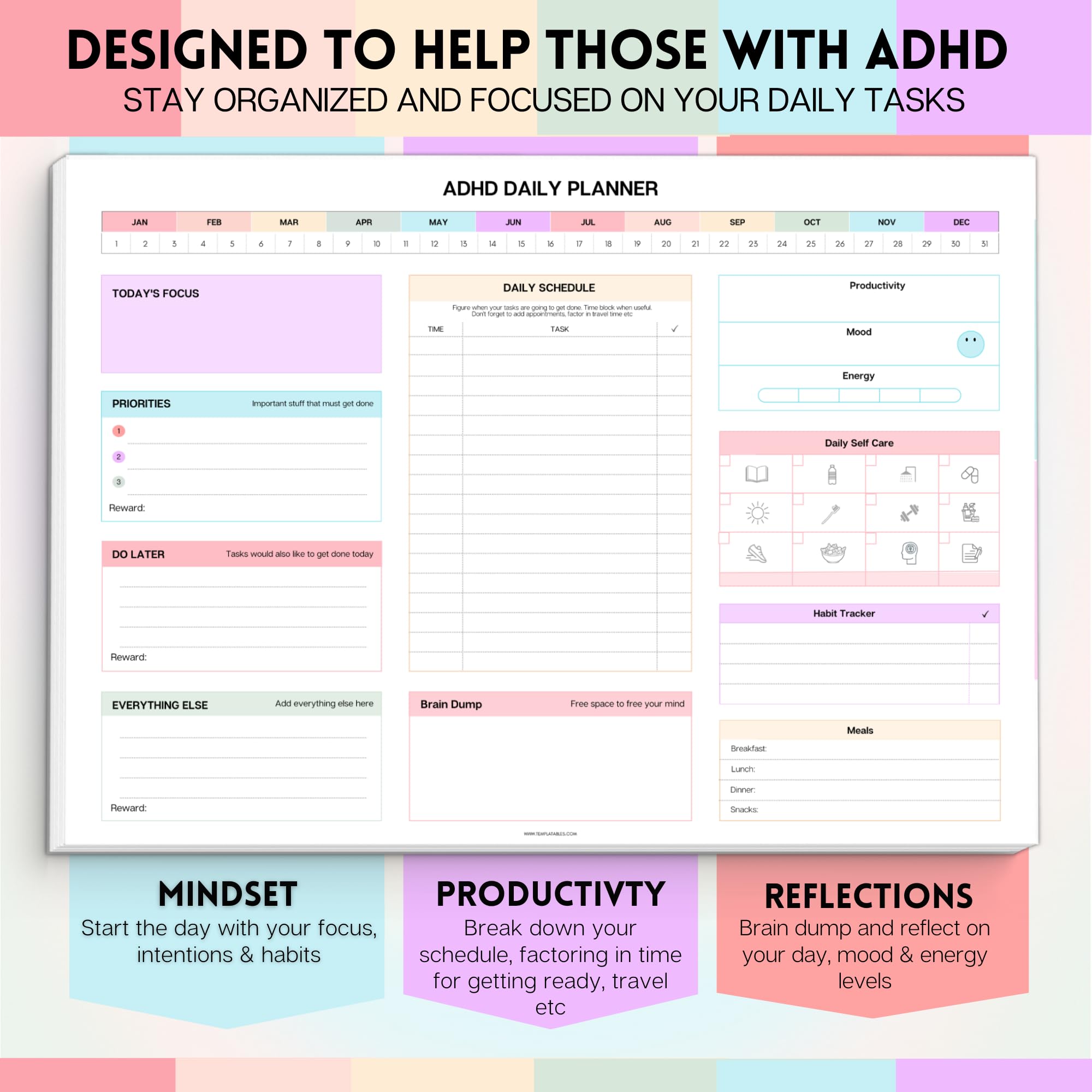 ADHD Daily Planner Notepad for Neurodivergent Adults - Productivity Daily Planner Desk Pad & Task Management to Stay Organized and Focused Note Pad (Rainbow, A4 Landscape)