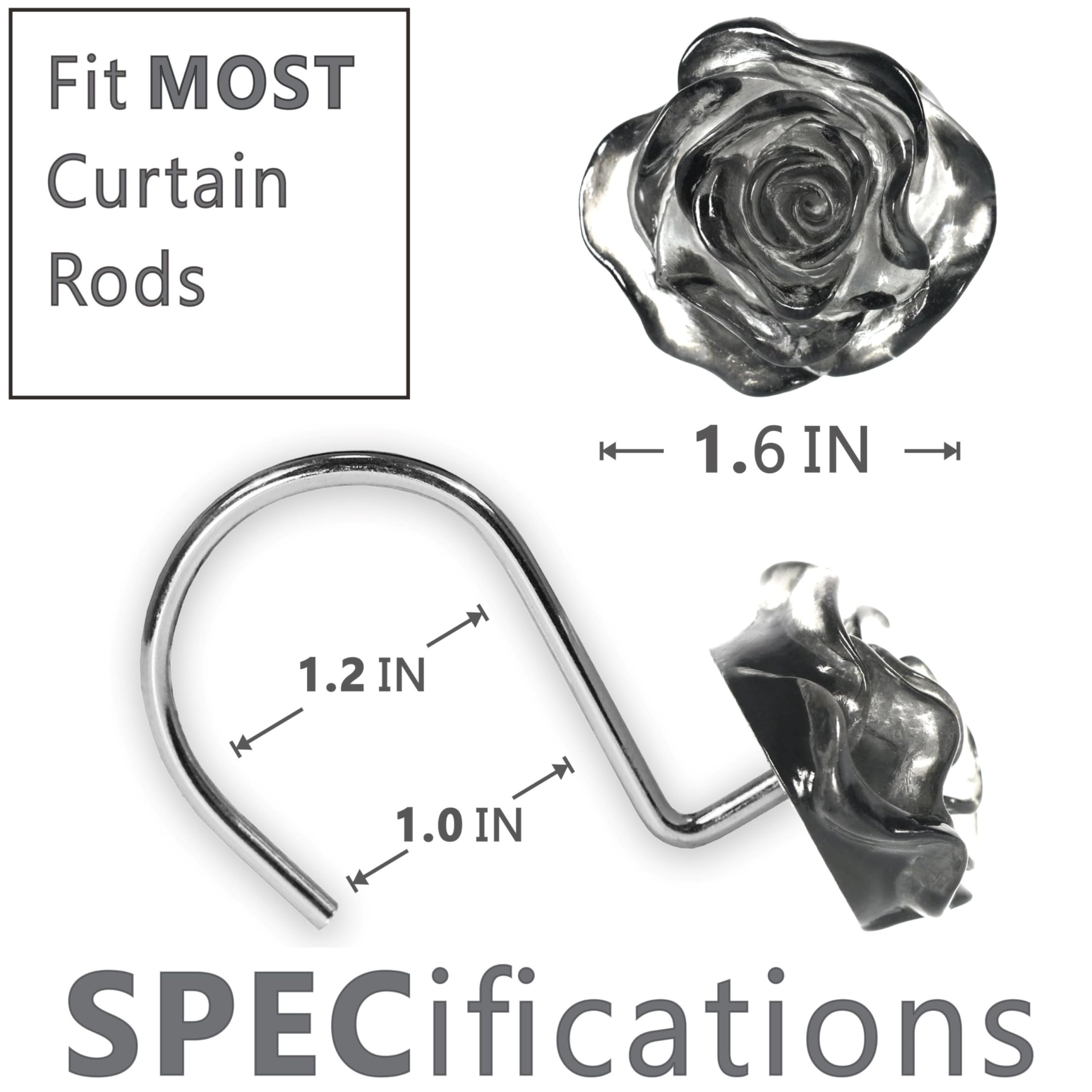 Black Flower Shower Curtain Hooks: Dark Grey Crystal Ice Textured Decorative Hooks for Floral Rose Leaf Plant Botanical Shower Curtain - Cute Rustproof Stainless Steel Hangers for Bathroom Décor