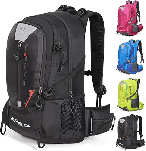 Mochila de senderismo para acampar 40L al aire libre, mochila de viaje ligera con cubierta de lluvia para mujeres y hombres (negro)