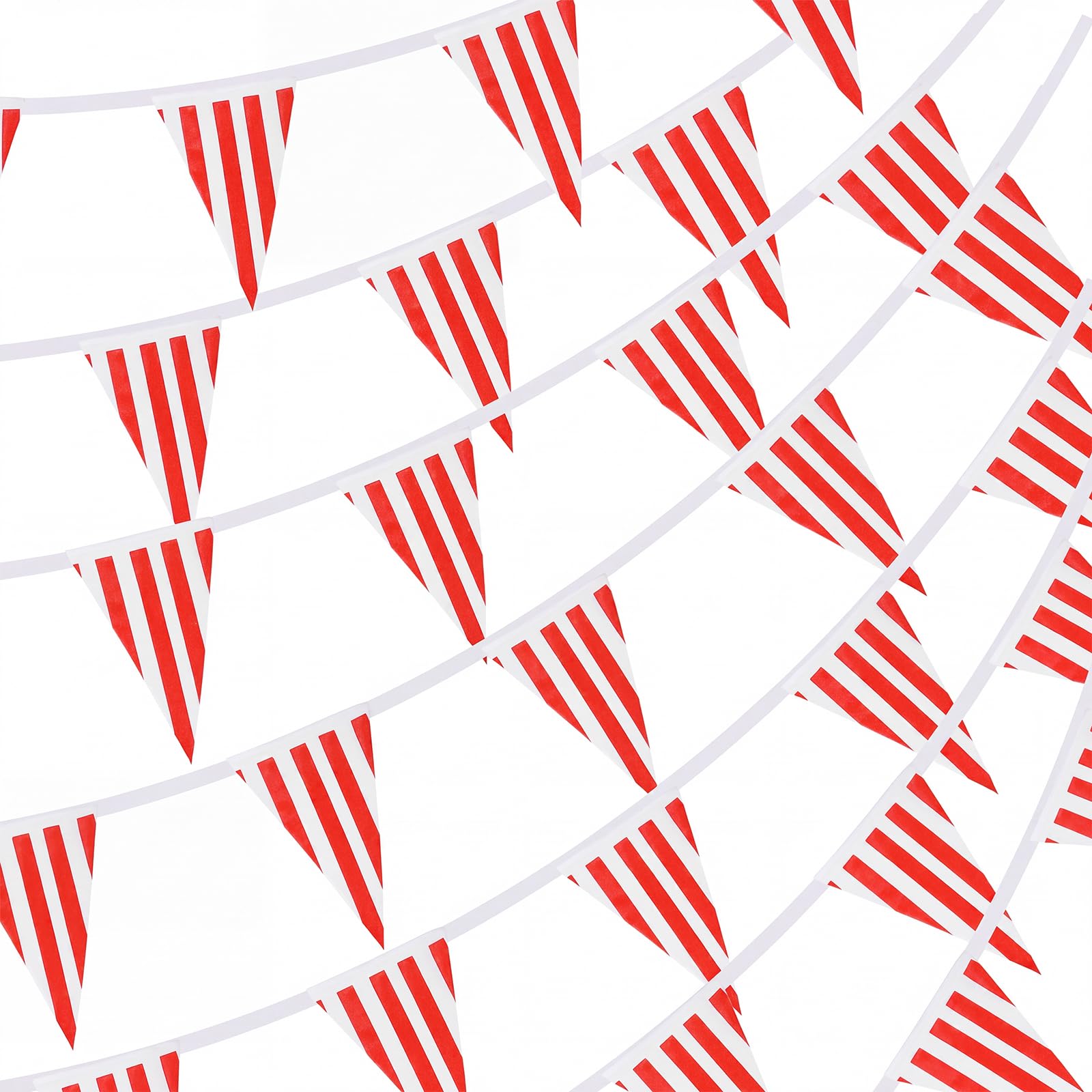 RUBFAC 170ft 120pcs Red White Striped Pennant Banner | Carnival circus string triangle flags, great for kids birthday, New Year Eve celebration supplies
