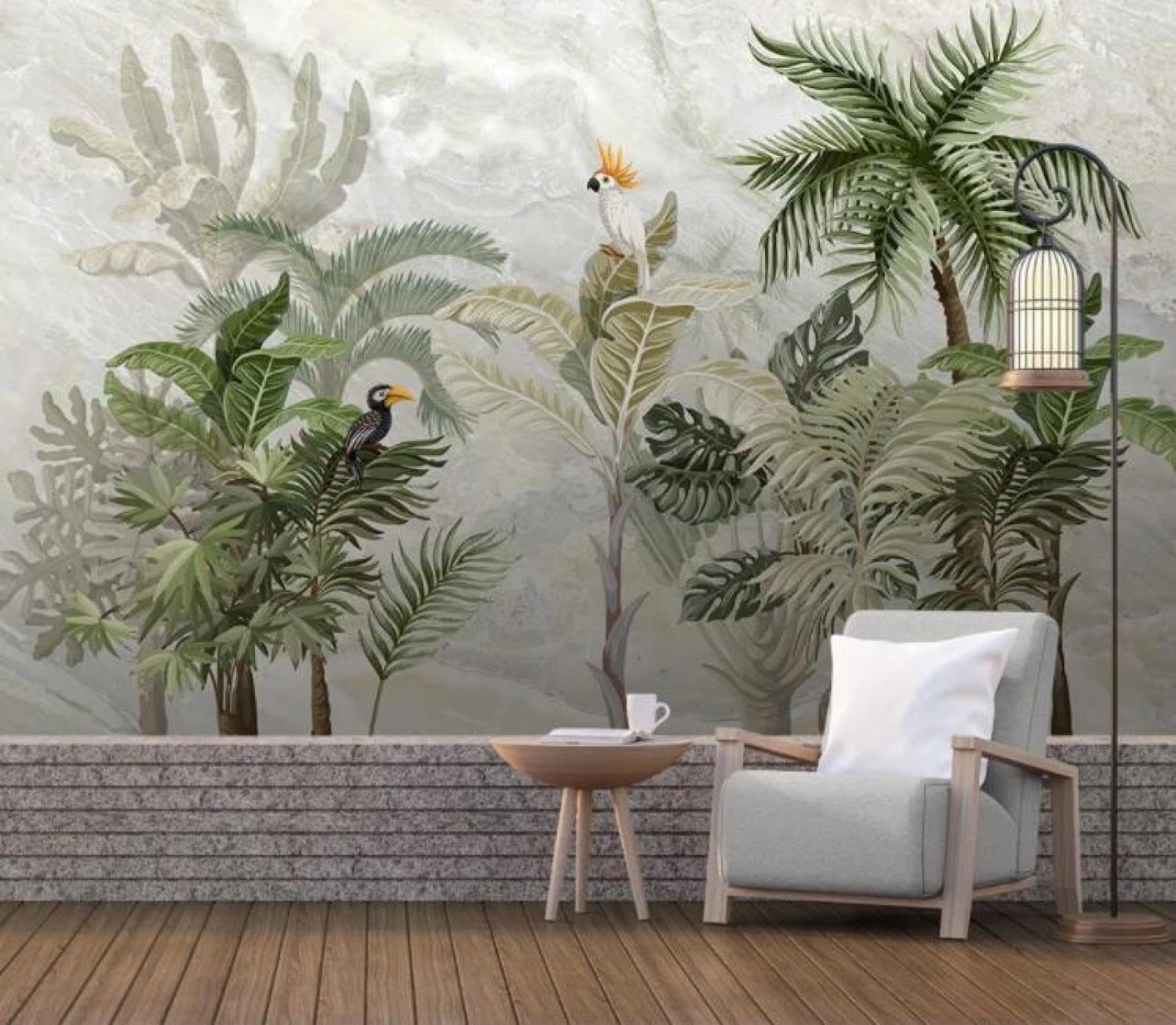 Papier peint oiseaux verts pour salon et chambre : créez un fond de canapé nature ILIYA