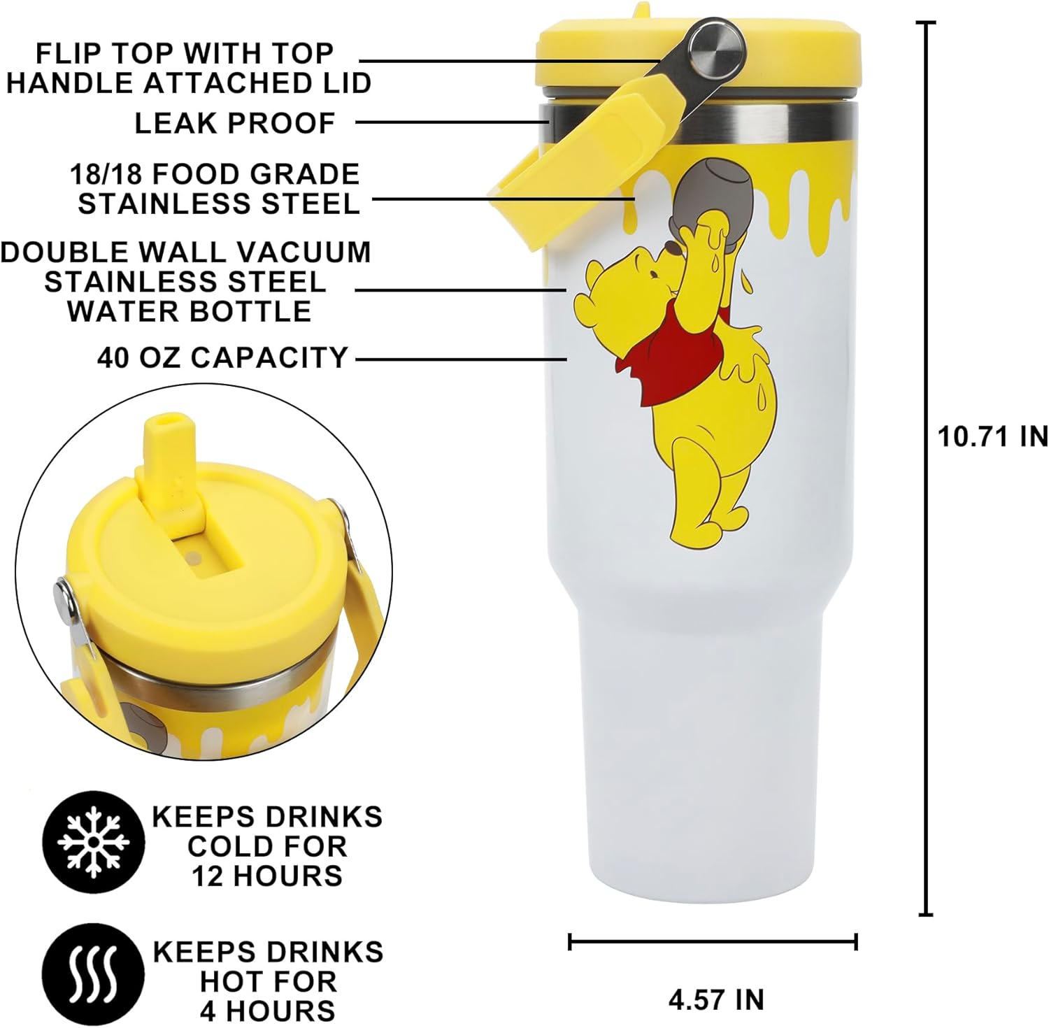 Bioworld Winnie The Pooh Honey Drip 40 Oz White Stainless Steel Water Bottle