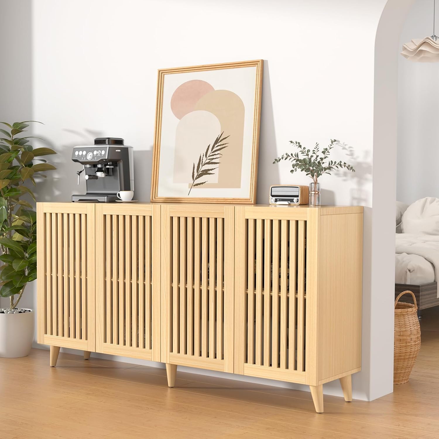 63" Large Sideboard with 4 Doors, Modern Fluted Buffet Cabinet, Wood Storage Credenza with Sturdy Metal Legs for Living Room, Kitchen, Entryway (Natrual)