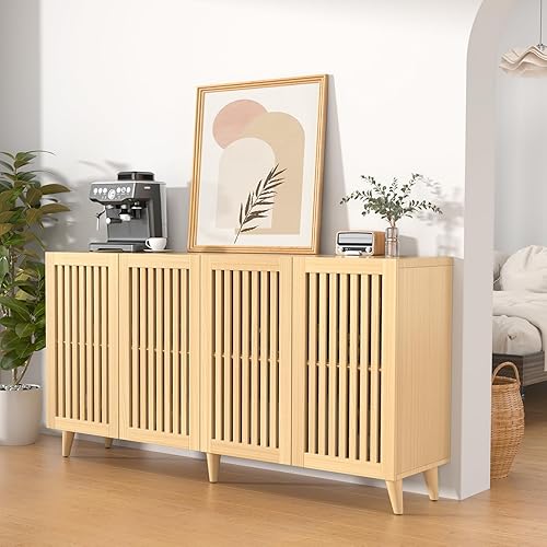 63" Large Sideboard with 4 Doors, Modern Fluted Buffet Cabinet, Wood Storage Credenza with Sturdy Metal Legs for Living Room, Kitchen, Entryway (Natrual)
