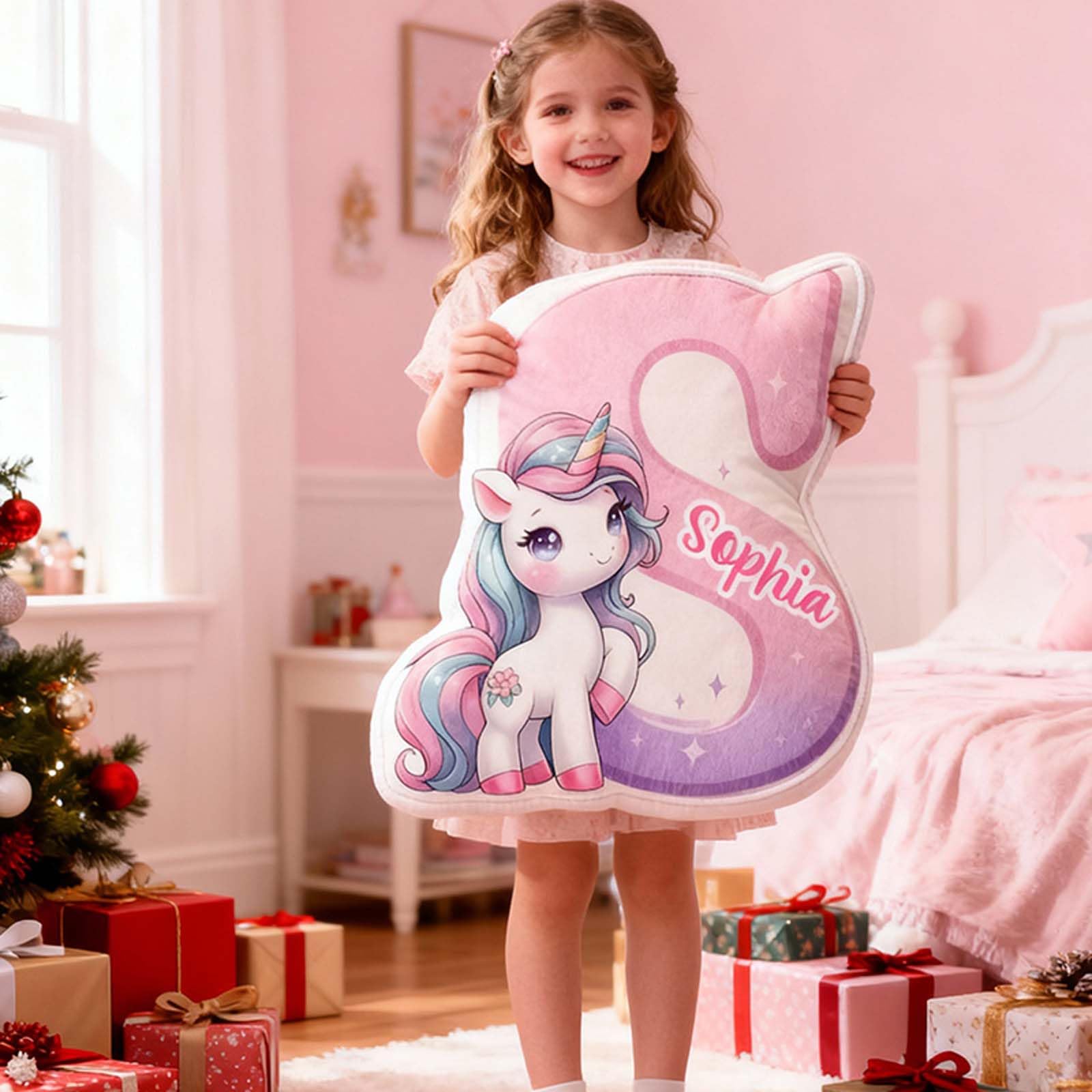 Drawelry Cuscino Personalizzato a Forma di Unicorno,Decorazione per la casa,Cuscini Decorativi Regalo di Natale Carino per Bambine (lettera unicorno)
