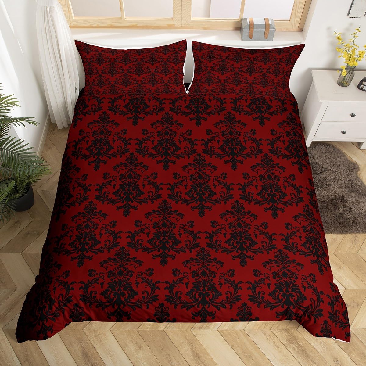 Red Black Damask Duvet Cover Set King Size,Vintage Gothic Lace Floral Print Reversible Comforter Cover with 2 Pillowcases,Antique Victorian Baroque Boho Style Soft Quilt Cover Set (NO Comforter)