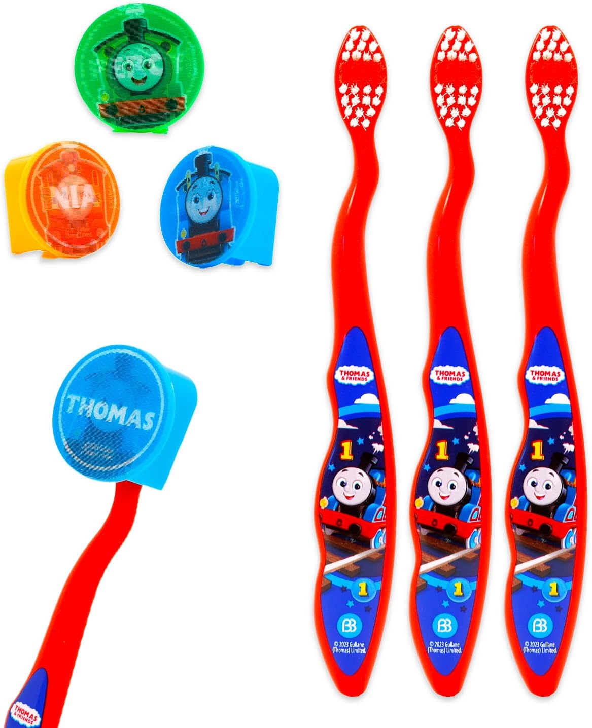 Thomas and Friends Toothbrush Kit for Kids - Bundle with 3 Train Toothbrushes with Collectible Caps Plus Stickers for Kids, Boys, Toddlers | Thomas and Friends Toothbrush Set