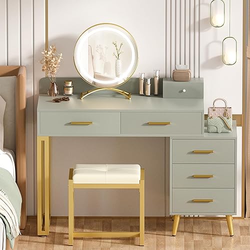 Miniatura 12 de Armocity - Mesa de tocador con espejo y luces, juego de mesa de maquillaje con 6 cajones de almacenamiento, taburete y organizadores divididos,