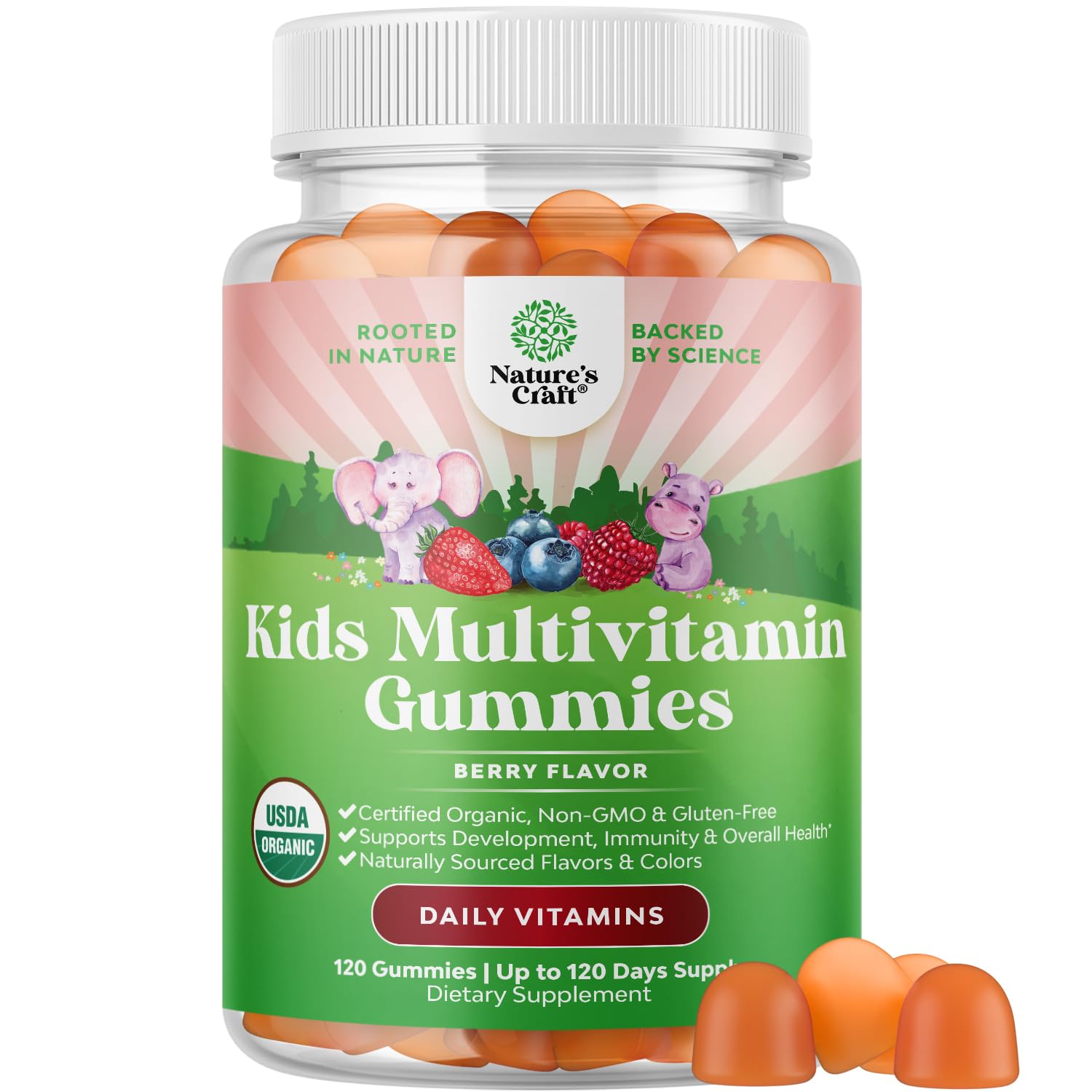 USDA Organic Kids Multivitamin Gummies - Vegan Organic Multivitamin for Kids 2+ with 14 Essential Vitamins and Minerals - Daily Gummy Multivitamins Vegan Nut Free & Non-GMO (120 Count)