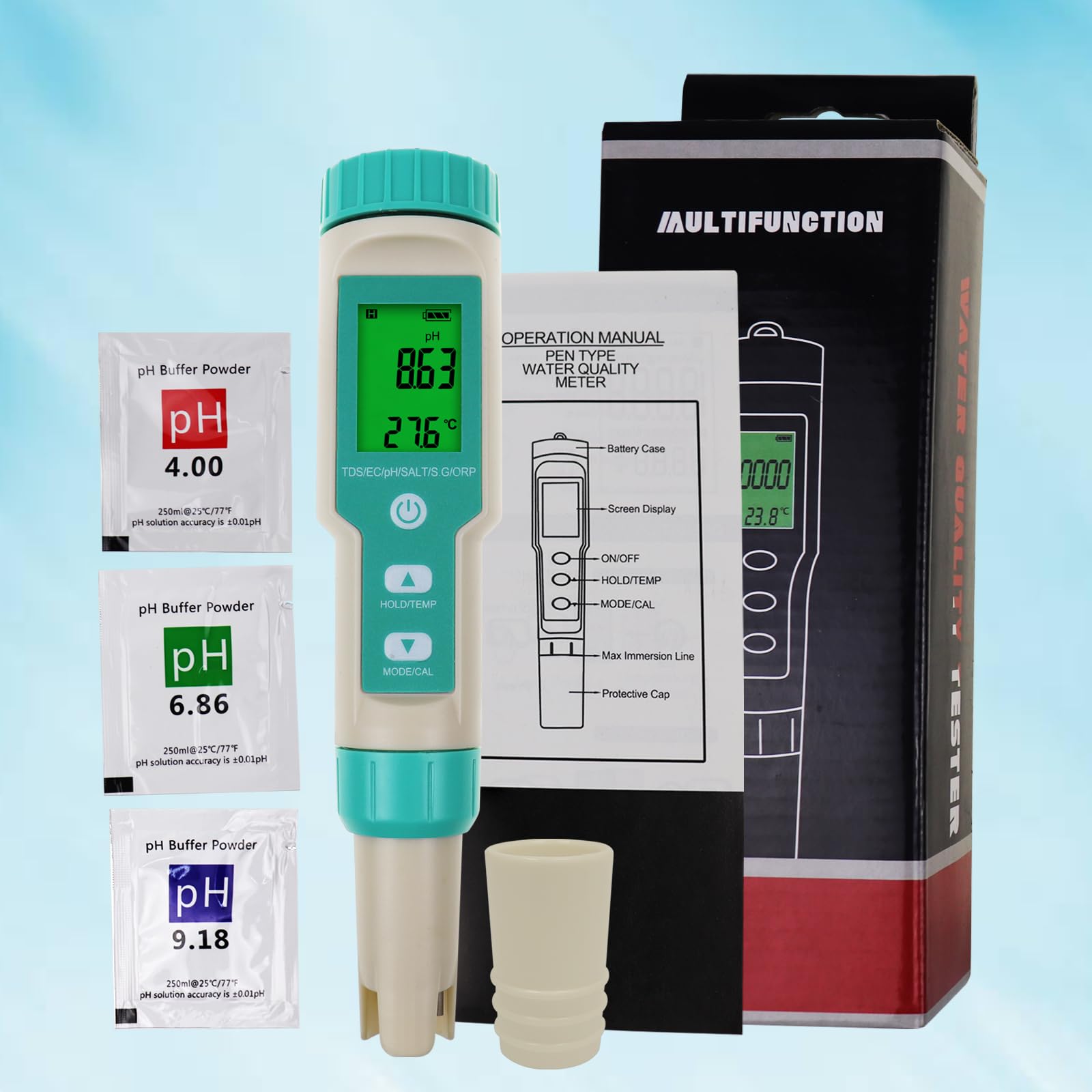miernik pH wody: cyfrowy tester wody 7 w 1 z pomiarem pH, TDS, EC, ORP, soli, S.G i temperatury, tester pH w kształcie długopisu, miernik ppm z buforem pH, idealny do wody pitnej, basenów,