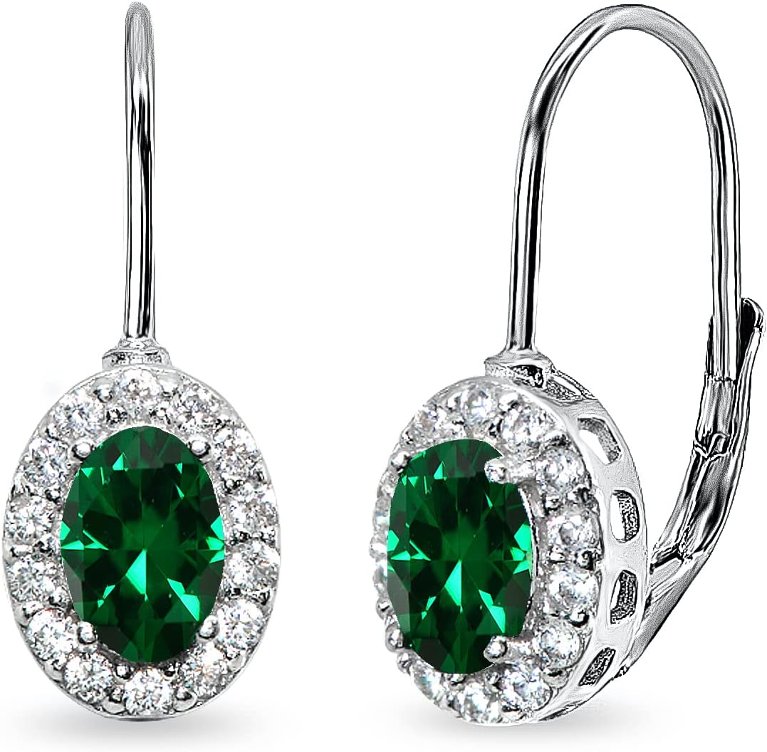 Sterling Silver Genuine or Synthetic Gemstone 6x4mm Oval Halo Leverback Drop Earrings for Women