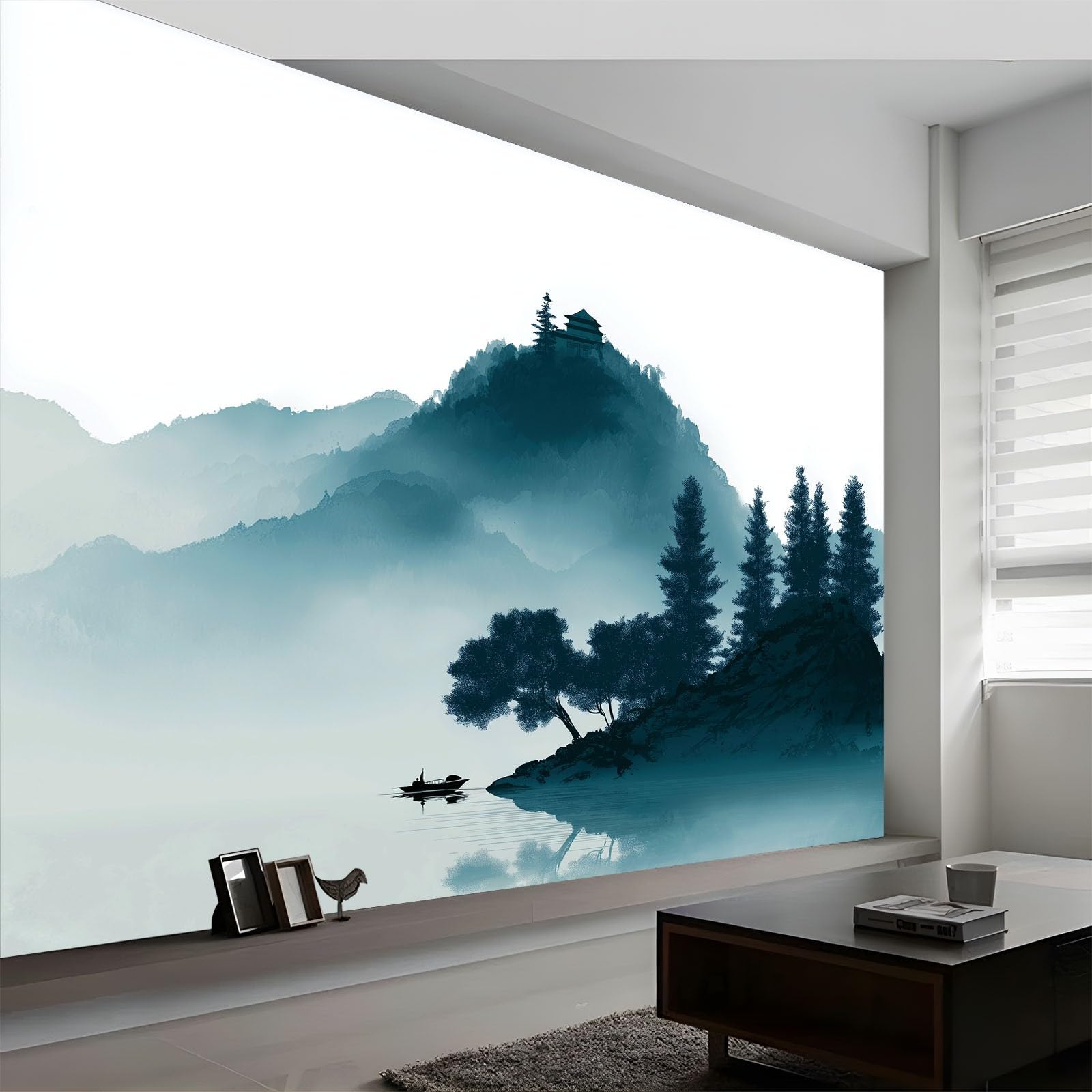 Fototapeta chiński obraz tuszem 300 l x 210 cm, dekoracyjna tapeta mgła góry las żaglówka - plakat nowoczesny design do pokoju dziecięcego salonu sypialni