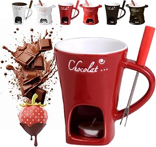 Chocolate Fondue Mug, 2026 Winter Fondue Cups Tealight with Forks & Candle, Mini Ceramic Melting Fondues Pot for Chocolate, Cheese, Candy, Great for Date Night Birthday & Wedding Gifts (Red Mug)
