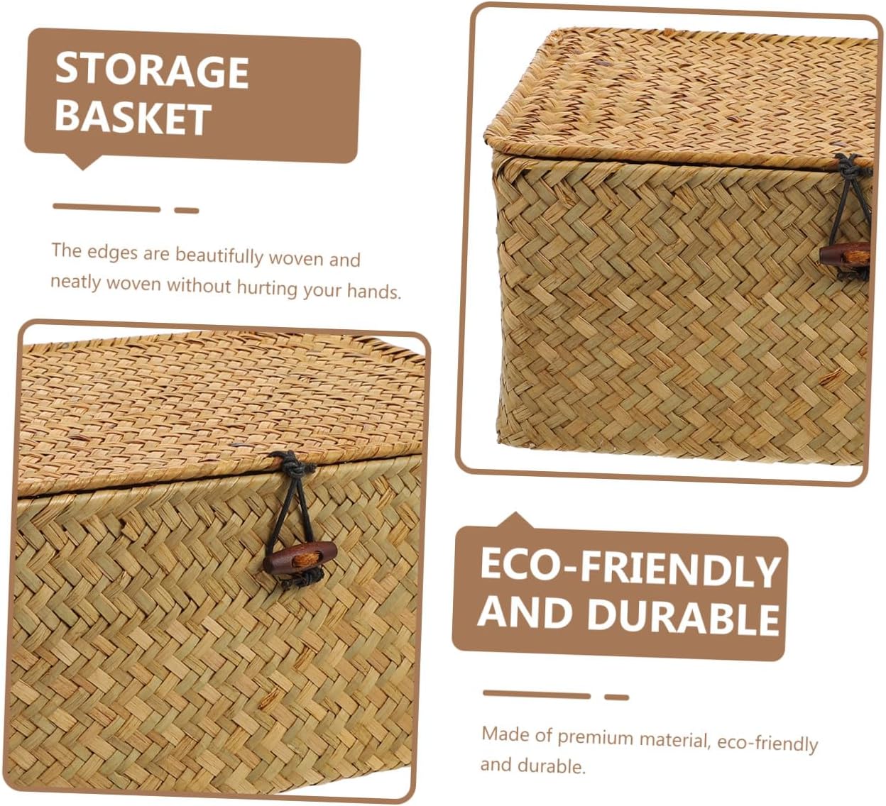 Handwoven Storage Basket with Lid, Rectangular Orange Woven Sewing Basket 26x16x10cm, Decorative Storage Container for Craft and Sewing Supplies Organizer