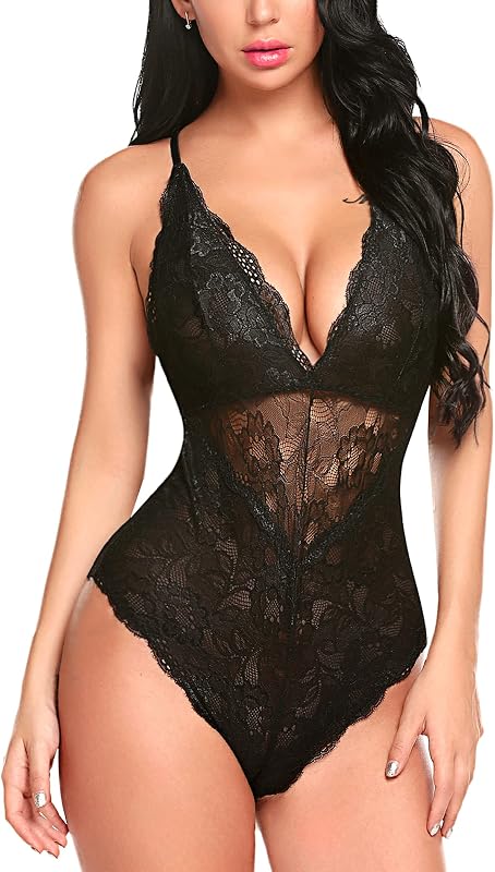 Avidlove Lencería sexy para mujer Body de encaje Teddy de una pieza XS-4XL | Cuello en V profundo, cierre a presión, cintura transparente ilusión, ribete festoneado, correas cruzadas ajustables, perfecto para noches calurosas