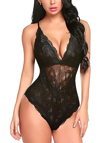 Avidlove Women Deep V Lingerie Snap Crotch Teddy Sexy Lace Bodysuit - Large - 1-black
