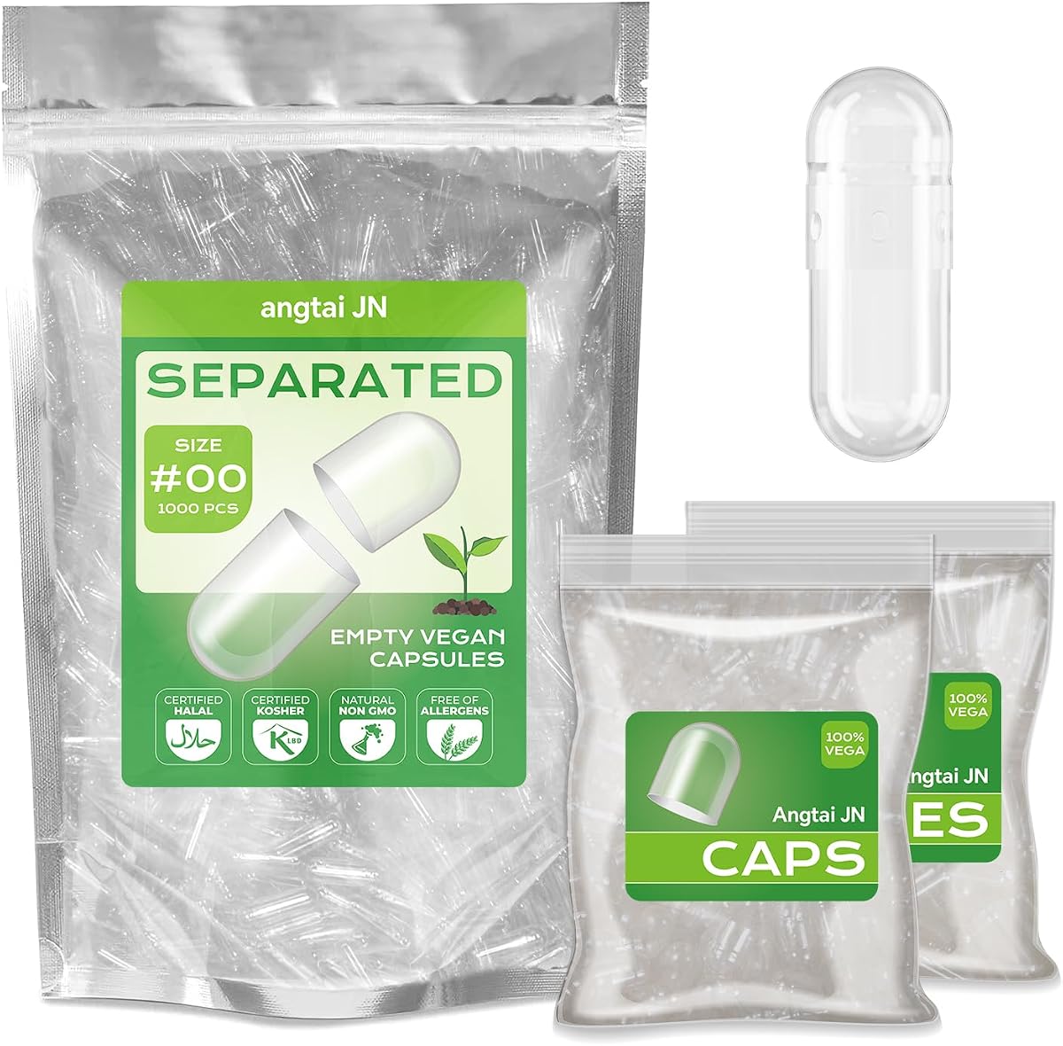 Empty Capsules Size 00 Separated Vegan Pill Caps Plant Based Clear (1,000 Caps+1,000 Bodies) Gluten Free, Non-GMO, Halal Certified Filling Kit for Vegetarian DIY Your Own Supplements