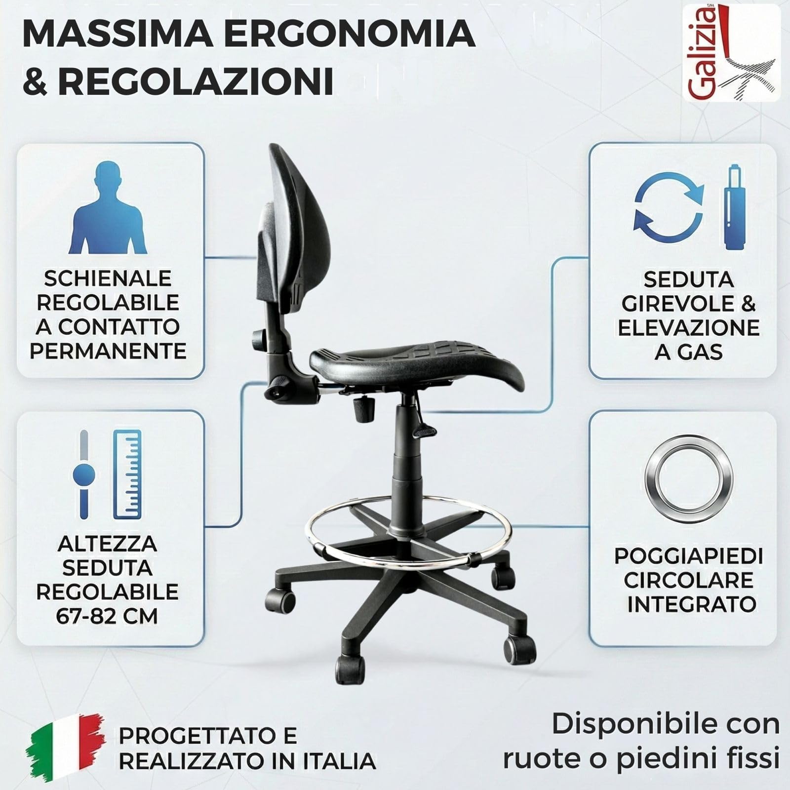 SGABELLO GIREVOLE, SEDILE E SCHIENALE IN POLIURETANO, ELEVAZIONE A GAS, BASE E POGGIAPIEDI IN PLASTICA, CON RUOTE, SCHIENALE REGOLABILE, CONTATTO PERMANENTE, PRODOTTO ITALIANO