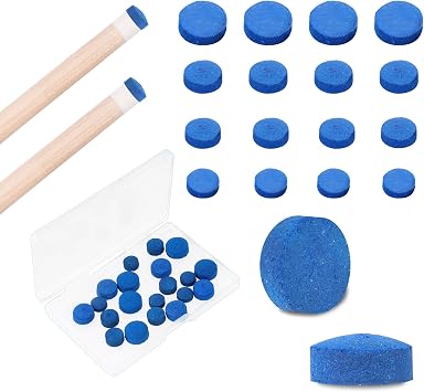 Psyqtsuary 20 Pieces Billiard Pool Cue Tips, 13/12/10/9mm, Pool Stick Replacement Tips with Storage Box for Pools Cues and Snooker, Blue, Leather