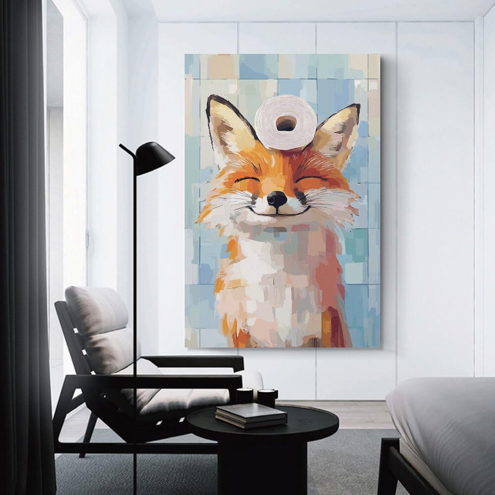 Junmoney Smiling Fox with Toilet Paper Roll Wall Decor Canvas Print, 16x24inch(40x60cm), for Wall Displays, Bedrooms Or Room Updates, Wall Decor Suited to Curated Displays