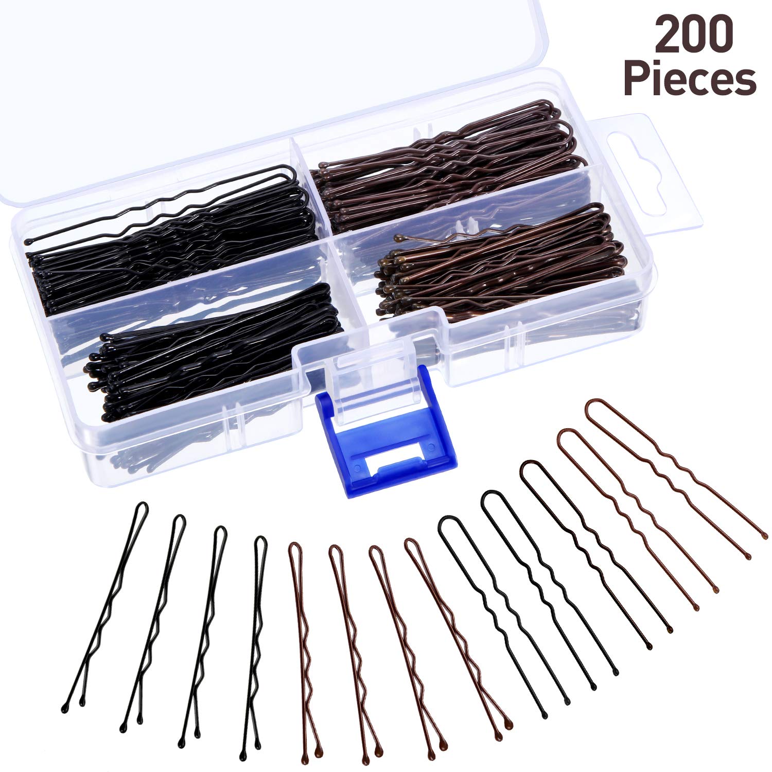 Hicarer200 Pieces Hair Pins Bobby Pins U Shaped Hair Clips Metal Hair Pin Clip in Different Sizes with Clear Storage Box, Black and Brown