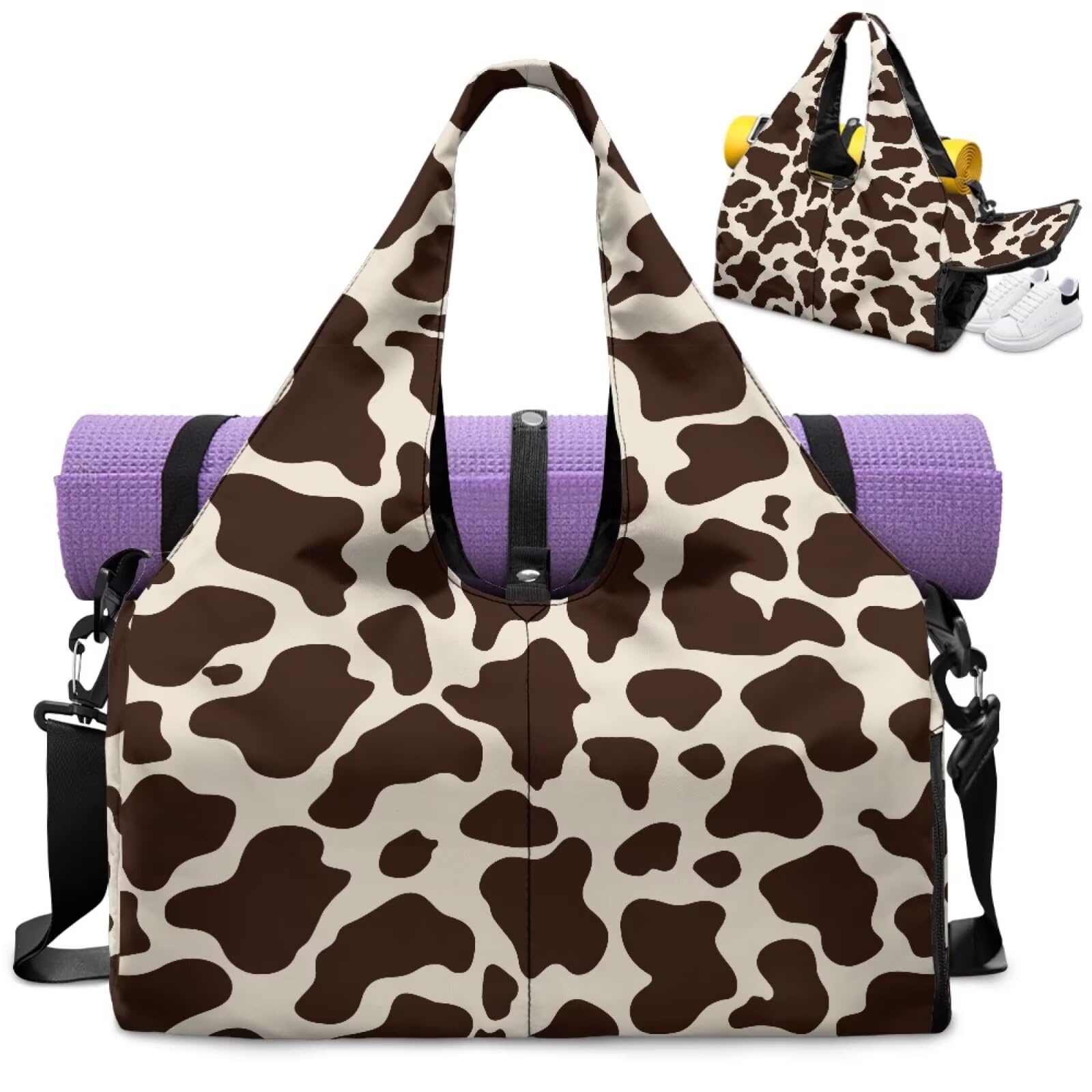 Dngkaoje Cow Print Pilates Bag for Women with Mat Holder and Shoe Compartment Animals Print Yoga Mat Bag Tote Yoga Accessories for Women Pilates Shoulder Tote Bag Wet Gym Clothes Bag Organization