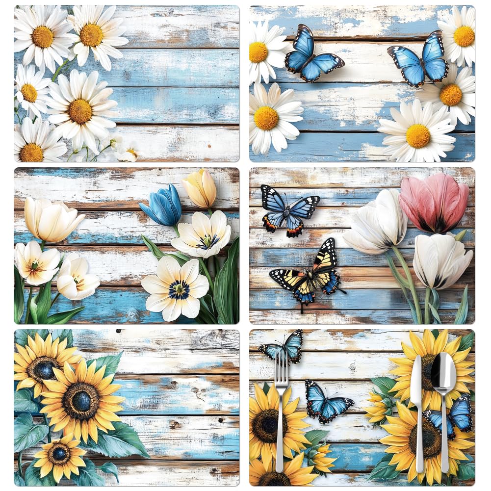 Peacoblue Table Placemats Set of 6,Vintage Board with Flowers Vinyl Place Mats