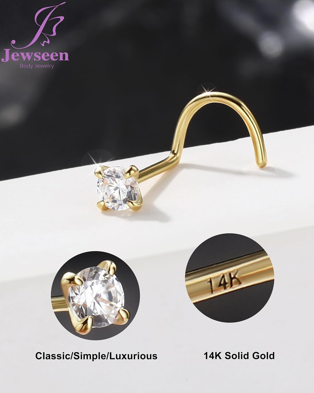 Jewseen 14K Solid Real Gold 5A Grade Flashy Zircon Nose Stud Classic Simple S Shape Nostril Screw 20G 6mm Precious Fine Piercing Jewelry