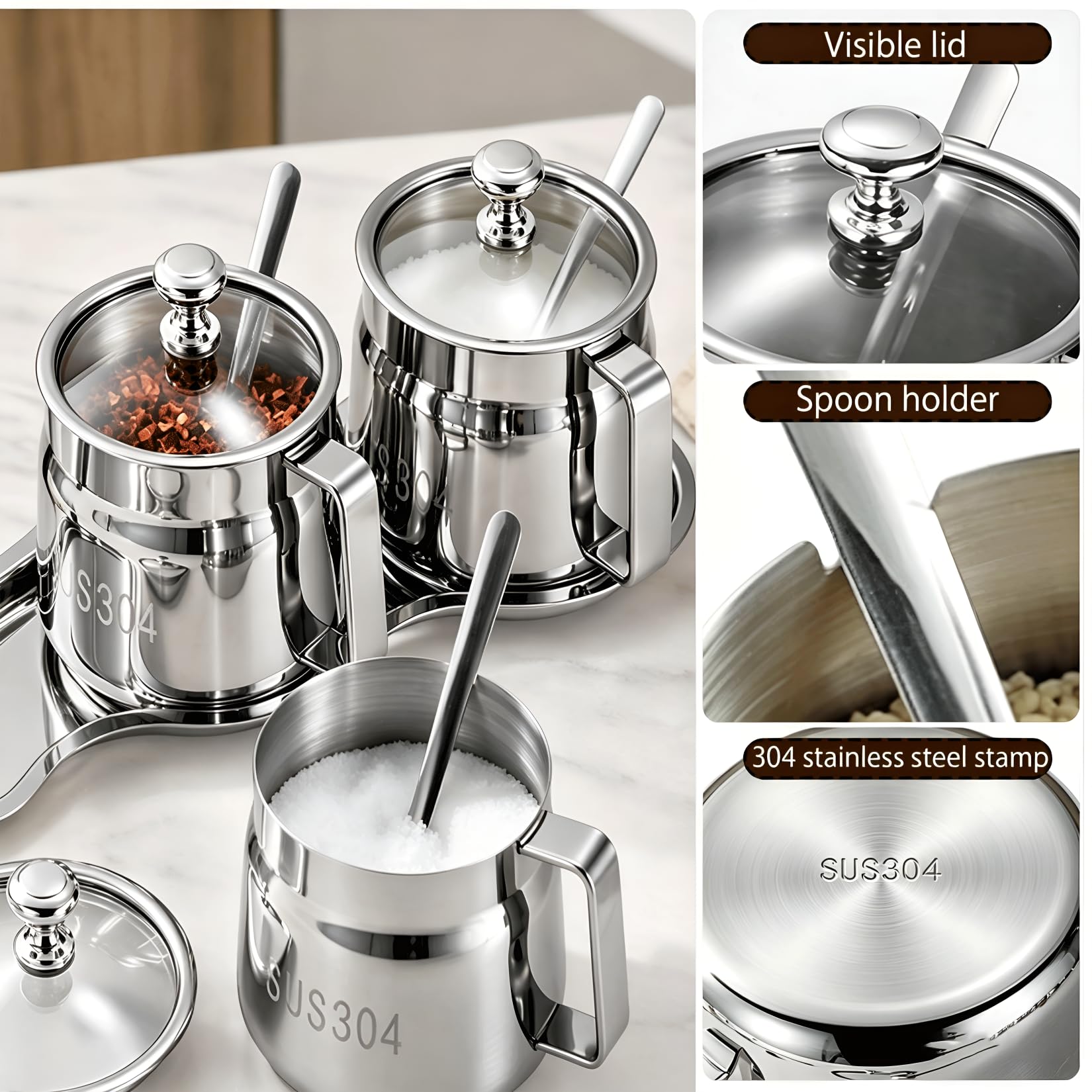 Juego de 3 tarros de especias de acero inoxidable 304, para condimentos con tapas transparentes, cucharas y bandeja, recipientes para condimentos aptos para alimentos para sal, azúcar, pimienta()