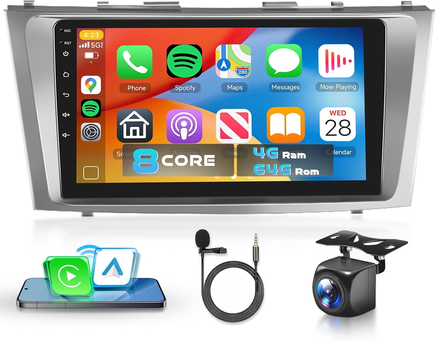 2G+64G Car Radio for Toyota Camry 2006-2011 Stereo 9 inch HD IPS Touch Screen Android Head Unit Built-in DSP Wireless CarPlay Android Auto Bluetooth GPS WiFi DVR SWC Backup Camera