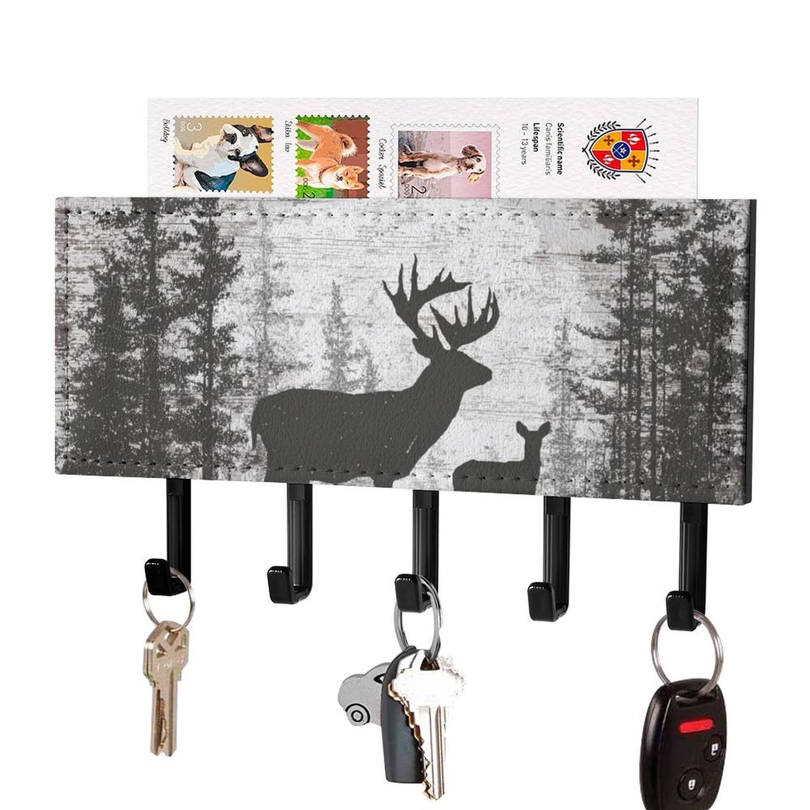 Jubonexis Deer and Pines in The Woods Wall Mount with 5 Hooks Acrylic Key Rack for Home Office Entryway