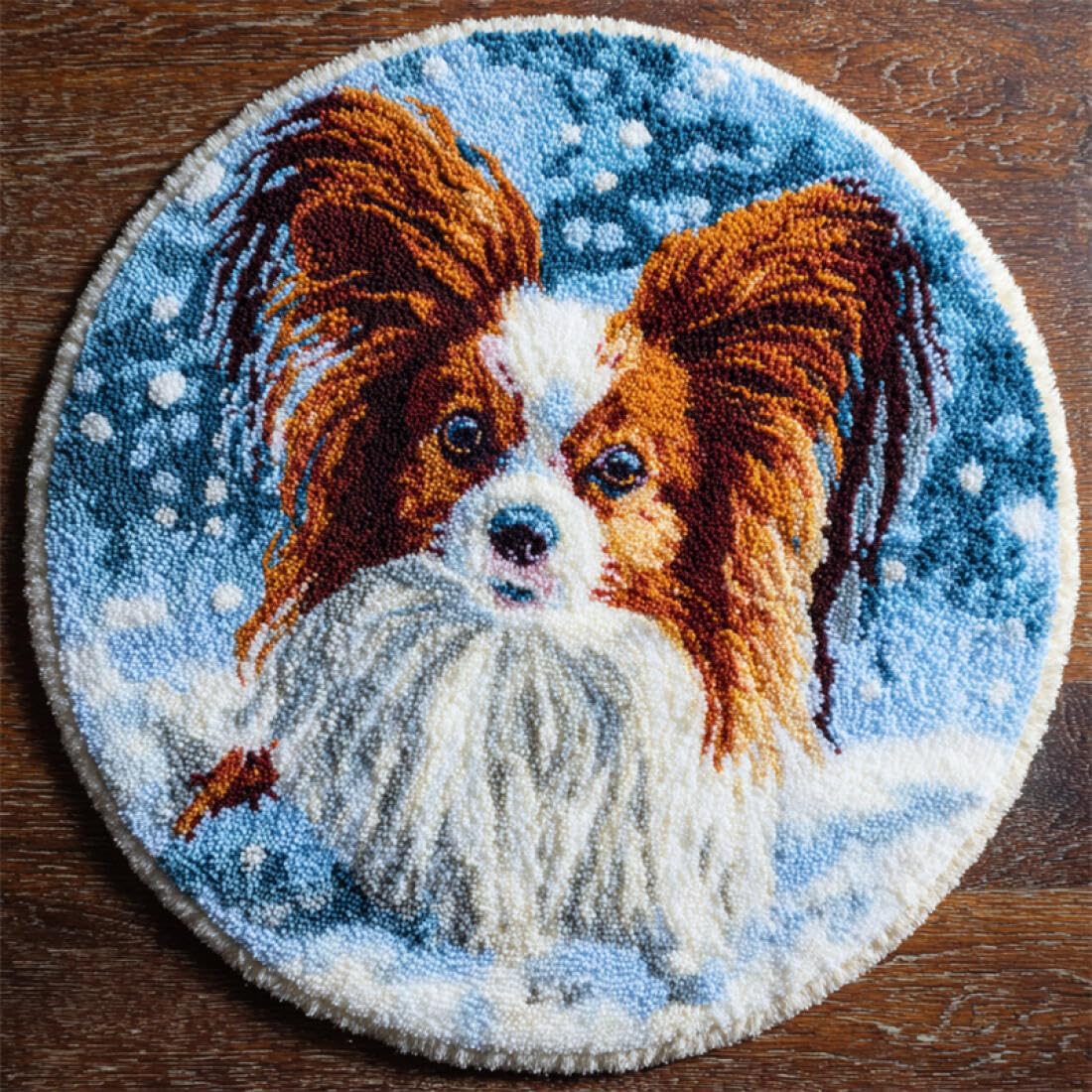 Rqwybcaxn DIY Latch Hook Rug Kit for Adults Animal Embroidery Kit Dog in the Snow 50x50cm Round Tapestry with Crochet Hook Living Room Craft Gift