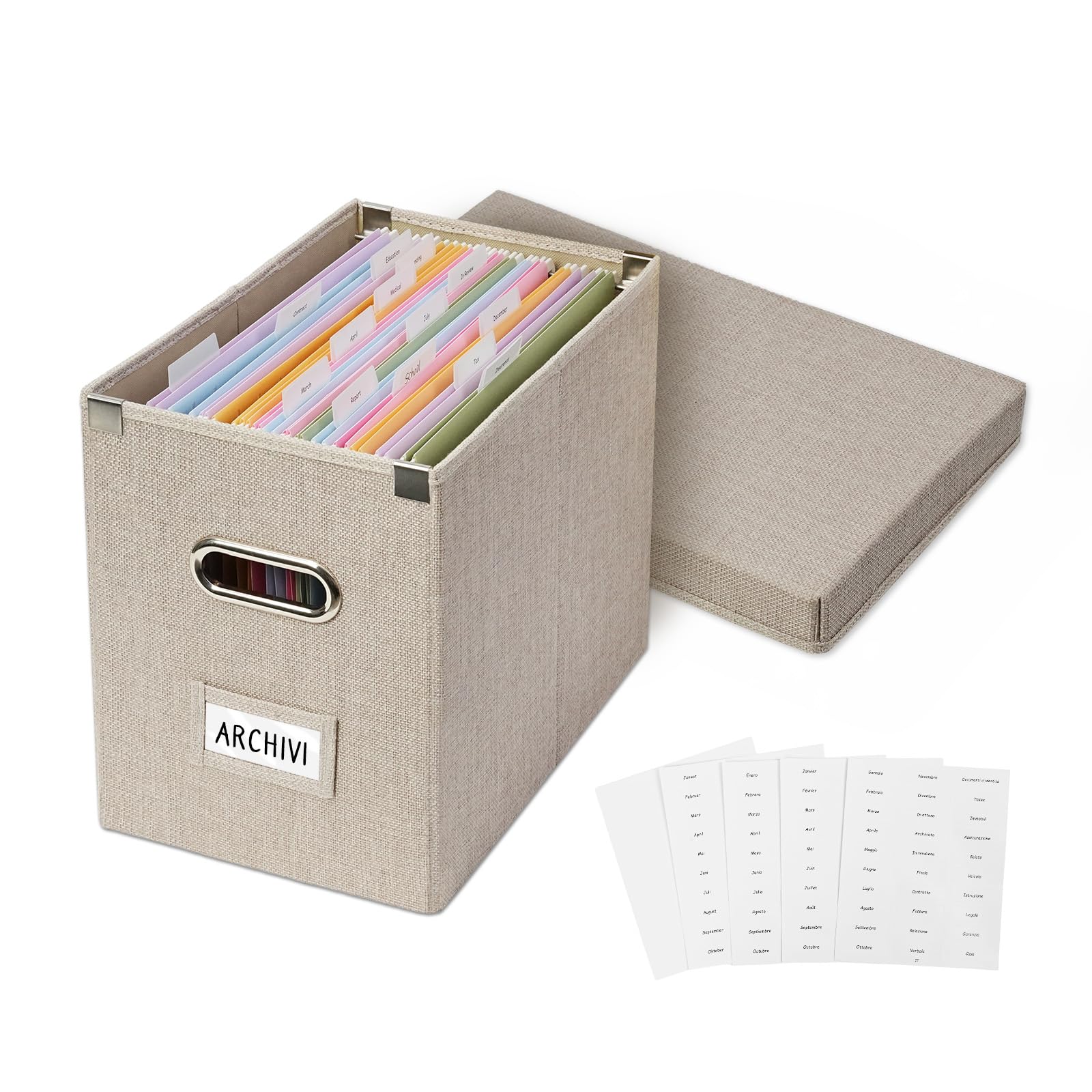 Scatola Portadocumenti con 15 Cartelle Sospese, Coperchio Asportabile, Barre Scorrevoli in Acciaio Inox, Etichette Adesive, Organizzatore da Scrivania Pieghevole per Ufficio e Casa