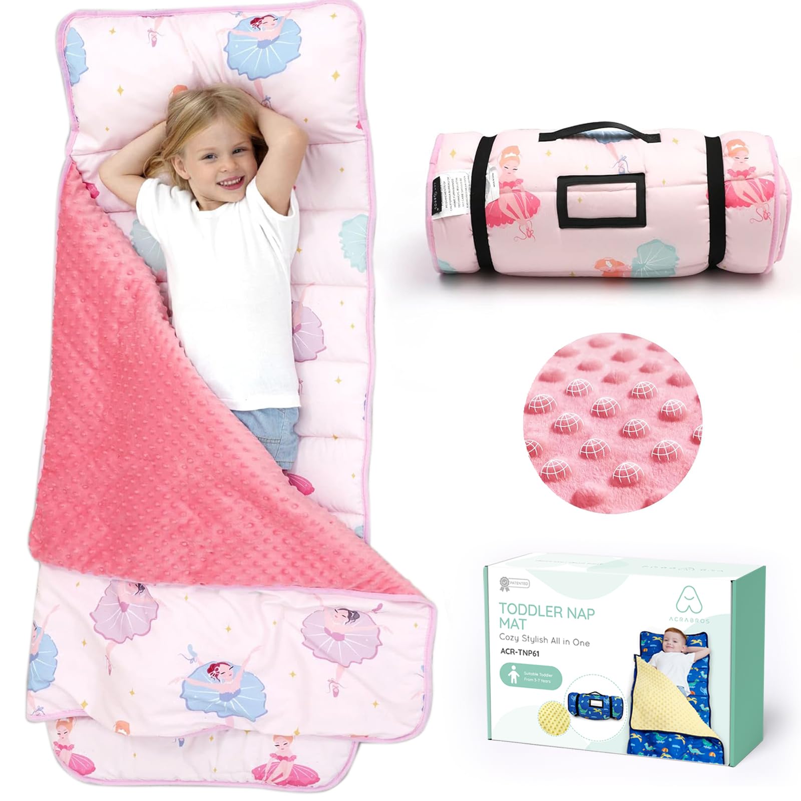ACRABROS Toddler Nap Mat with Pillow and Blanket, Extra Large Rolled Napping Mats,Slumber Bags for Boys Girls,Kids Sleeping Bag for Daycare, Preschool Travel Camping