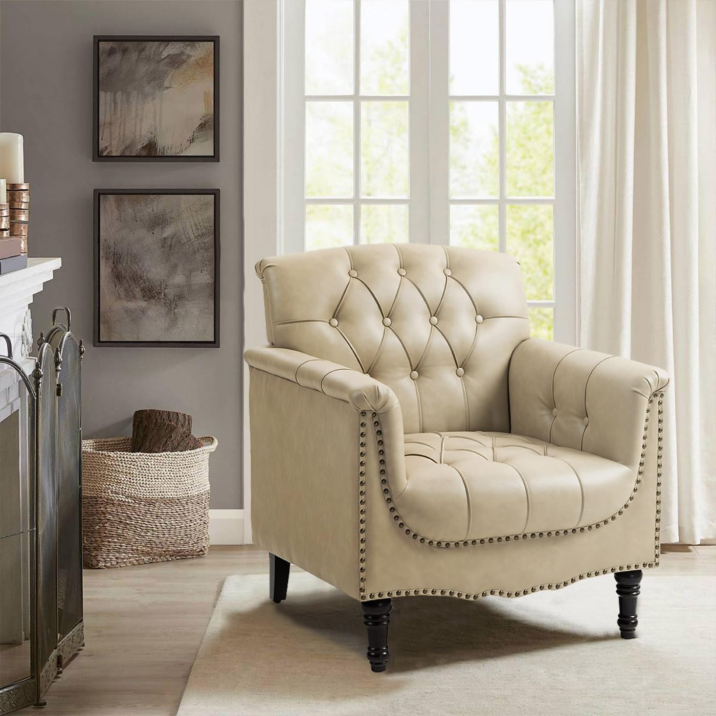 Faux Leather Accent Chair, PU Leather Modern Comfy Upholstered Armchair with Wood Legs & Nailhead Trim for Living Room, Bedroom (Beige,Set of 1)