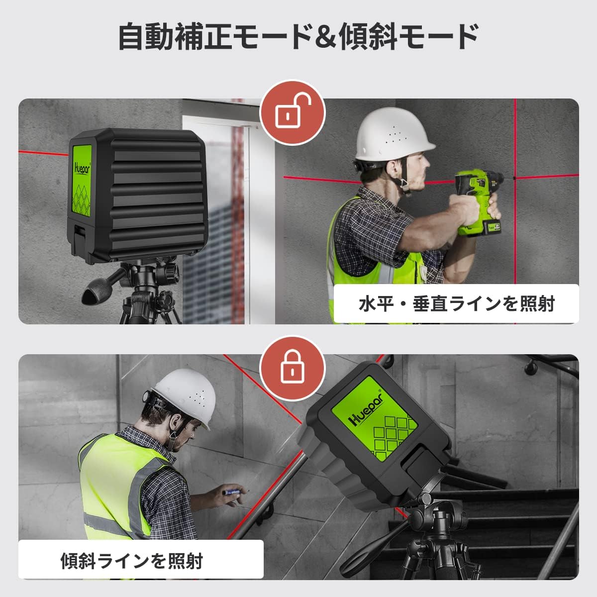 Image illustrating automatic leveling mode and manual tilt mode for the Huepar B011R laser level.