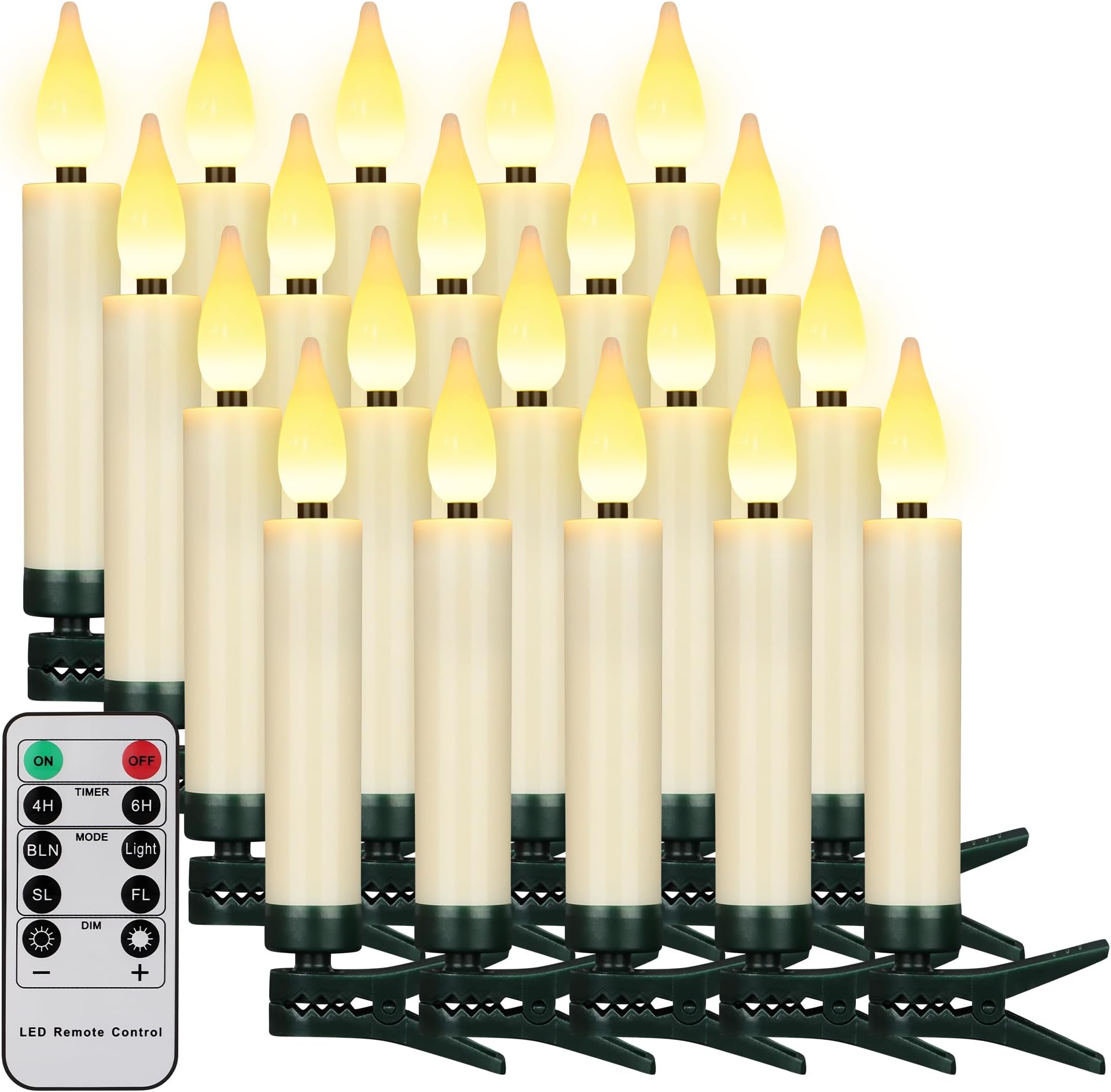 FREEPOWER Christmas Tree Taper Candles with Removable Clips Flameless Electric Fake Candles with Remote Control and Timer for Christmas and Home Decor, Pack of 20 Ivory