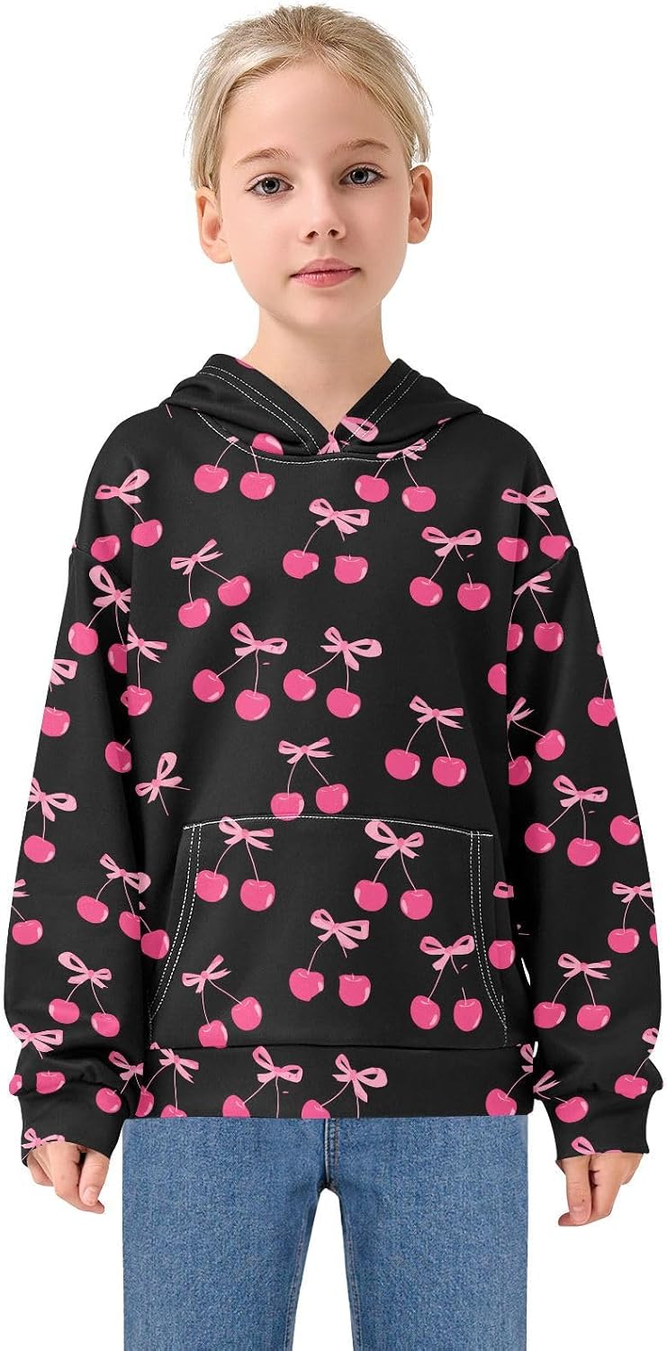 Pink Cherry Blue Bow Tie Toddler Girls Pullover Hoodie Sweatshirt 4-14Y 202c3028
