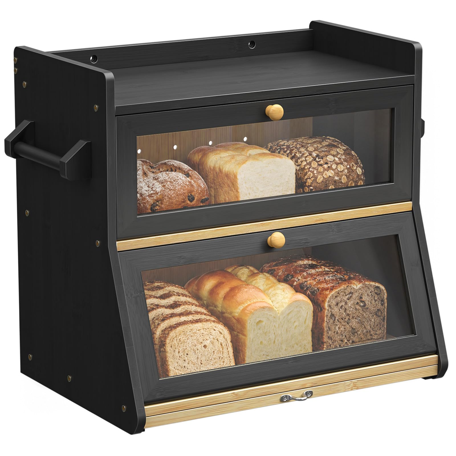 Yvsevnr Two-Layer Large Bread Box, Black Bread Bins for Kitchen