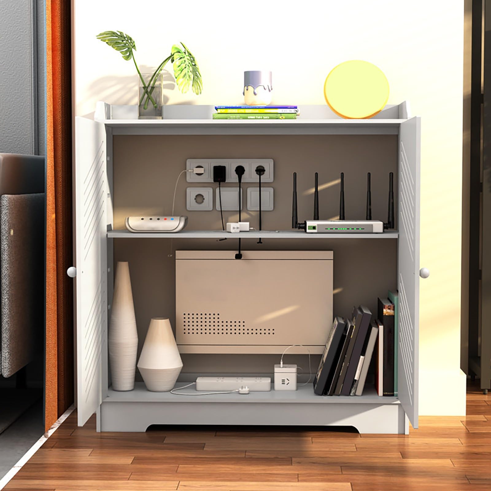 WLAN-Router-Aufbewahrungsschrank Router-Regalkastenschrank mit Türen und Regalböden für Wohnzimmer Büro Schlafzimmer Wohnungen.(70x75x20cm)