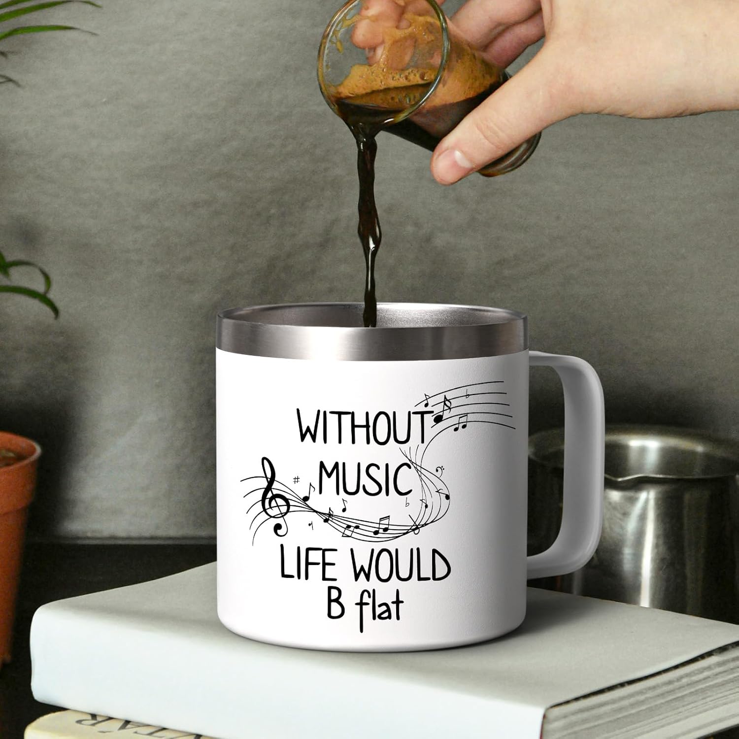 Lifecapido Music Teacher Gifts, Without Music Life Would B Flat Coffee Mug, Music Teacher Appreciation Gifts for Music Teacher Music Lover Musicians, 14Oz Stainless Steel Coffee Mug with Lid, White - Image 2
