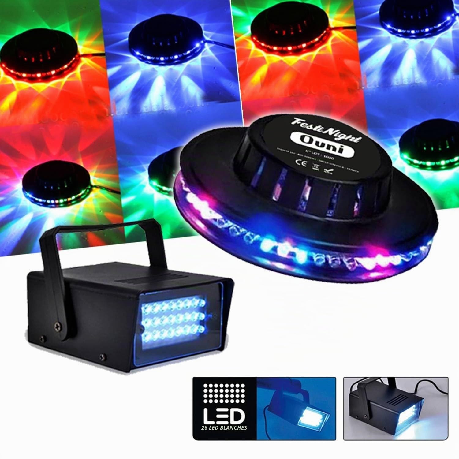Pack SONORISATION Complet Disco 480W Ibiza Sound DJ300 Ampli - Table de mixage - Enceintes - Micro, Jeu Lumière OVNI Strobe LED