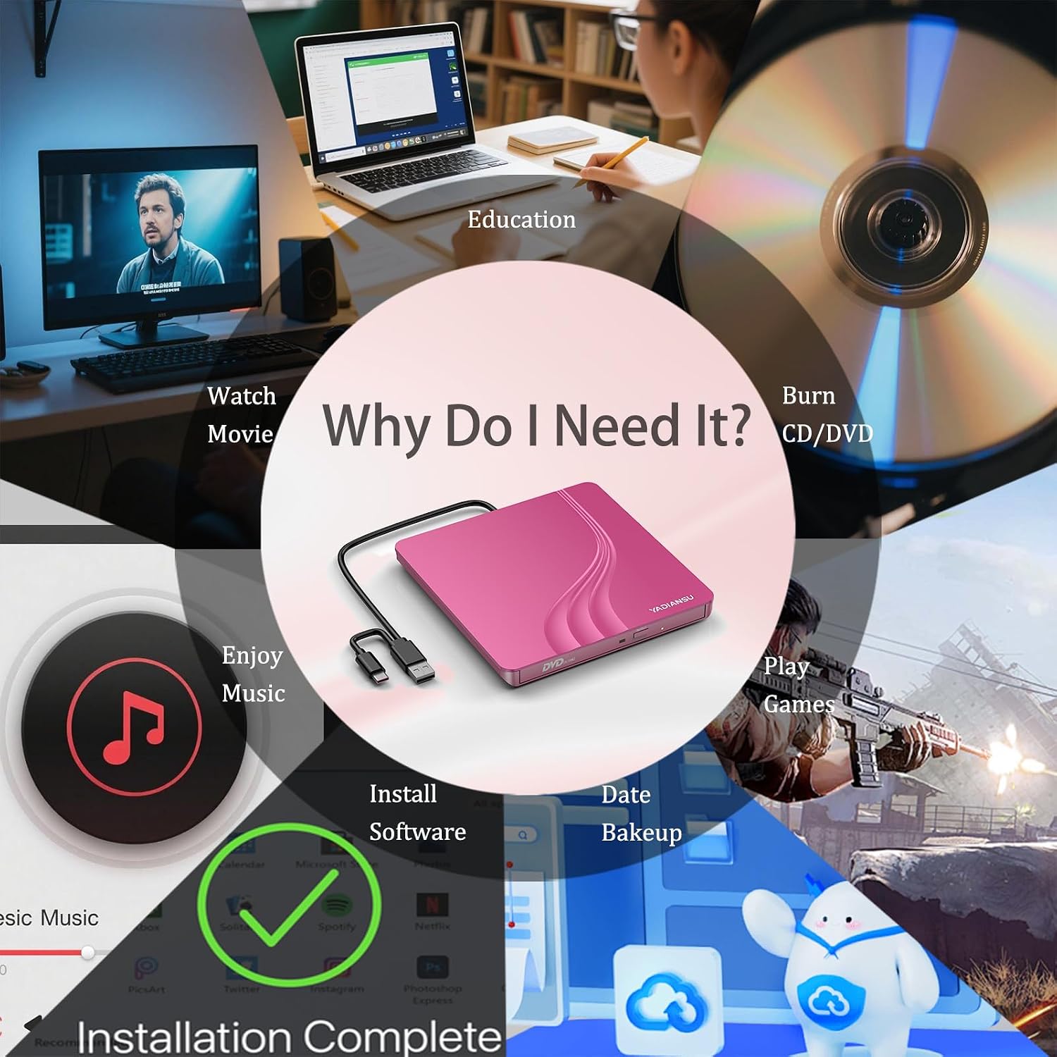 External CD DVD Drive, 0.5″ Ultra Slim USB 3.0 Type-C DVD Player, CD DVD+/-RW Optical Drive, Portable DVD CD Burner Reader Writer Recorder for Laptop, Desktop, Mac, Windows 11/10/8/7, Linux, Pink