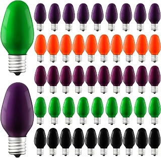 Treela 50 Pcs Halloween C7 Multicolored Replacement Light Bulbs 7 Watt E12 Purple Green C7 Night Light Party Light Bulb Colored Ceramic Incandescent Bulbs for Outdoor String Lights Halloween Holiday