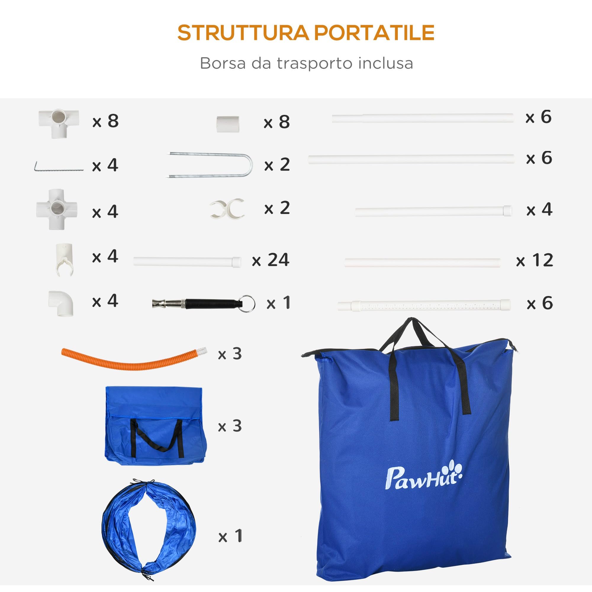 PawHut Set Agilty Dog 7 Pezzi con Fischietto, 2 Picchetti e 3 Sacchi di Sabbia, Percorso Agility Dog in Plastica e ABS con Borsa da Trasporto, 67x63x93 cm, Bianco Arancione Blu