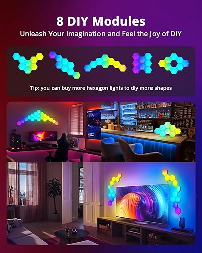 Miniatura 4 de ilumeplay Paquete de 8 luces hexagonales RGB que funcionan con panel de luces de pared creativas con sincronización de música, luces de juego para