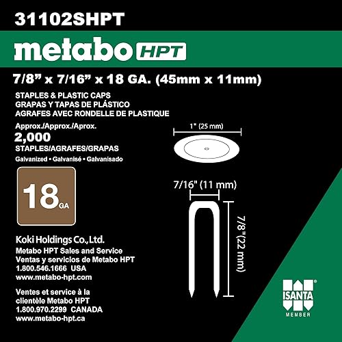 Miniatura 3 de Metabo HPT Grapas de calibre 18 y tapas de plástico  Corona de 716 pulgadas, longitud de pierna de 78 pulgadas  Electro galvanizado  2,000 unidades