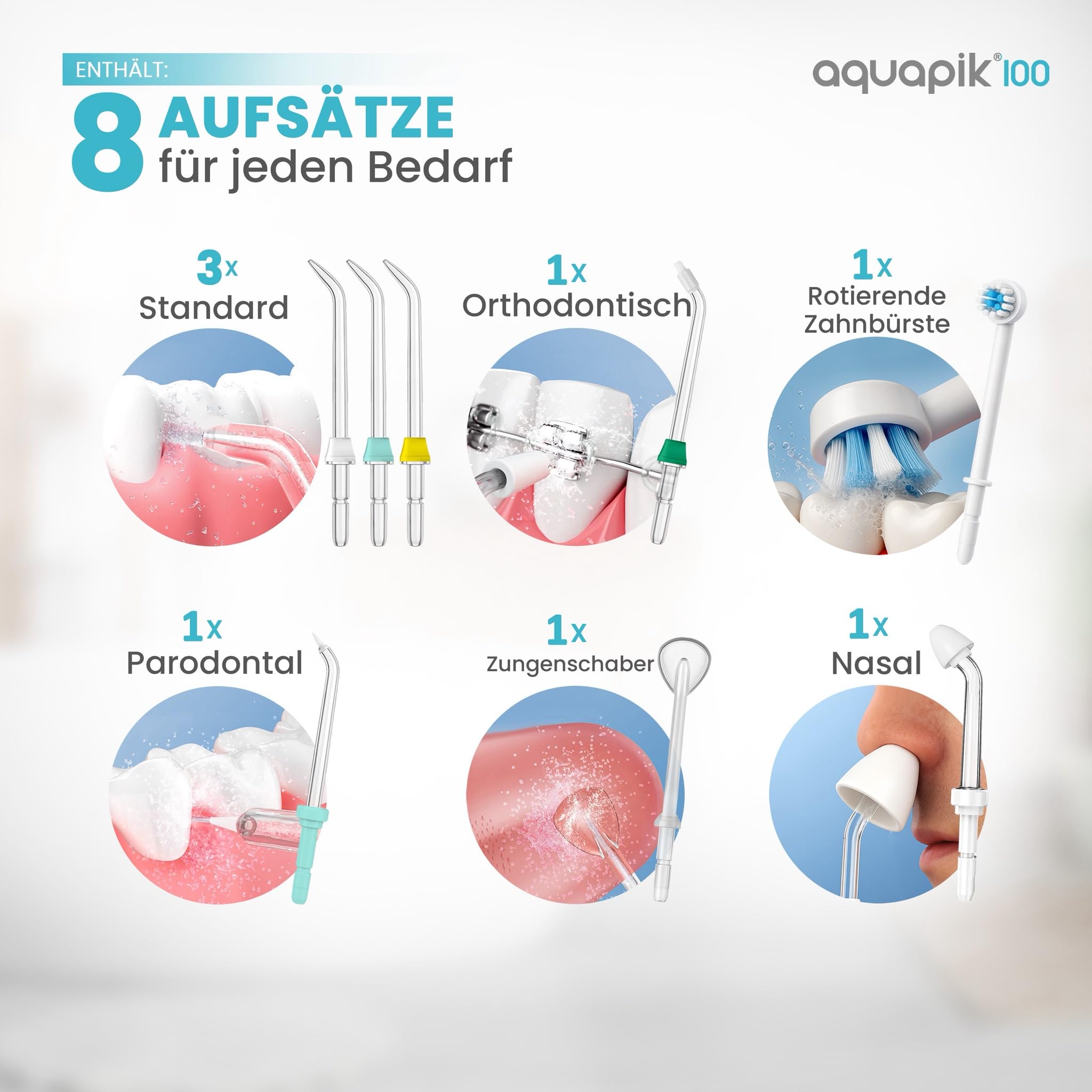 Aquapik® 100 Munddusche 600 ml 10 Stufen 8 Aufsätze Water Flosser Weiß.
