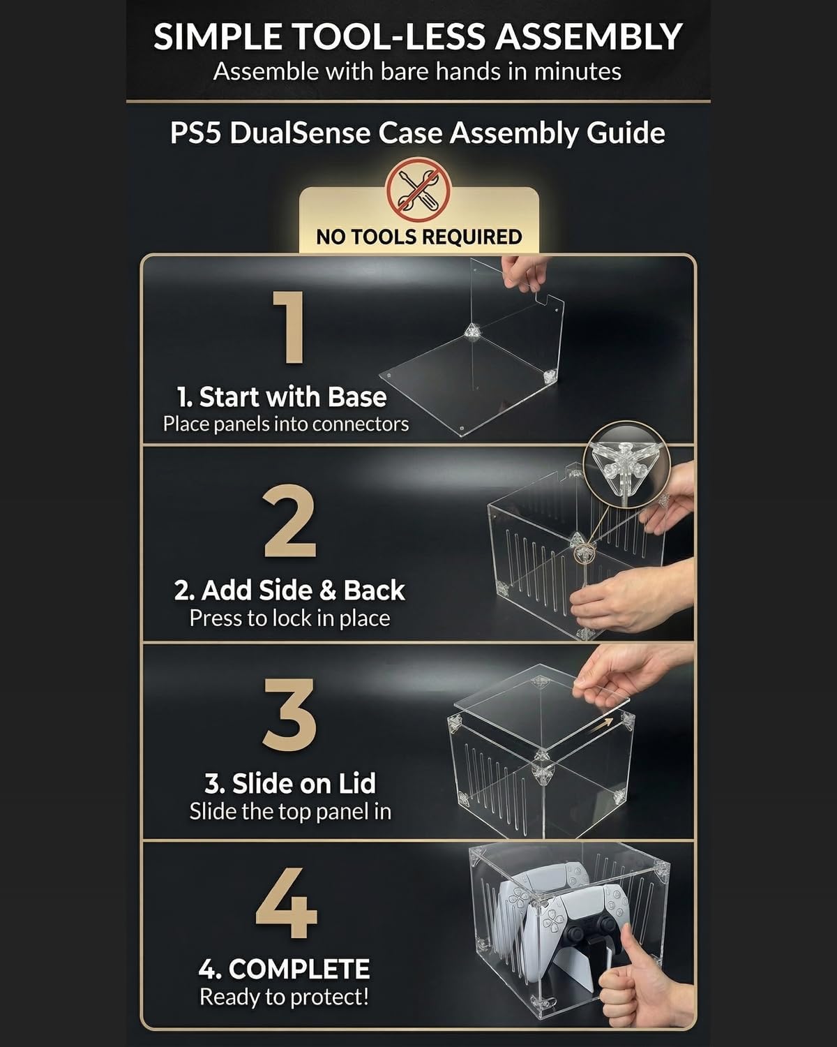 Acrylic Dust Cover Compatible with PS5 Controller Charging Dock | Clear 5-sided acrylic cover fits two controllers on a charging dock; 14 vents, cable access, tool-free assembly.
